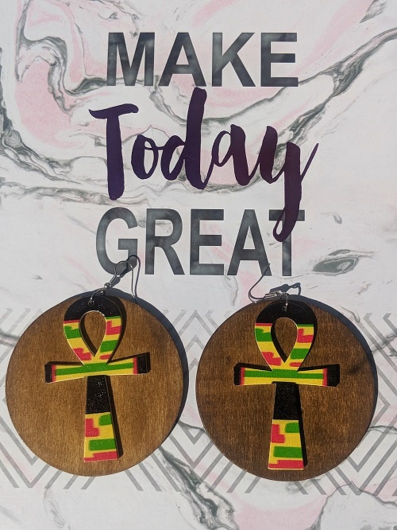 Wood Egyptian Ankh Earrings Brown Red Green Black African Colors