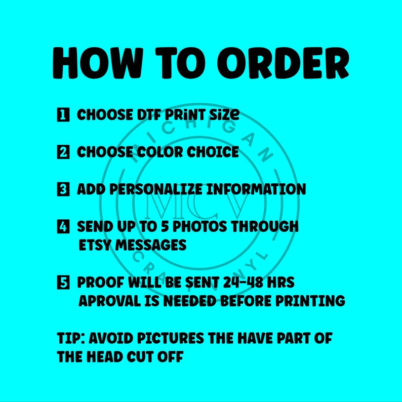 K&ouml;nnte beinhalten: T&uuml;rkisfarbene Grafik mit schwarzem Text &bdquo;HOW TO ORDER&ldquo;. Anweisungen umfassen die Auswahl der Druckgr&ouml;&szlig;e, Farbe und das Hinzuf&uuml;gen von Personalisierungen. Es wird auch das Senden von Fotos &uuml;ber Etsy-Nachrichten und die Genehmigung des Proofs vor dem Druck erw&auml;hnt.