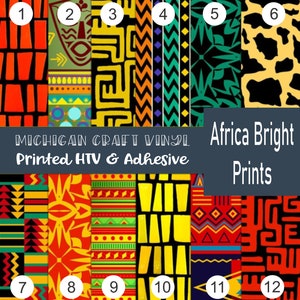 May include: A collection of twelve vibrant vinyl prints with African-inspired patterns. The designs feature bold colors and geometric shapes, with the text "Michigan Craft Vinyl" and "Africa Bright Prints".