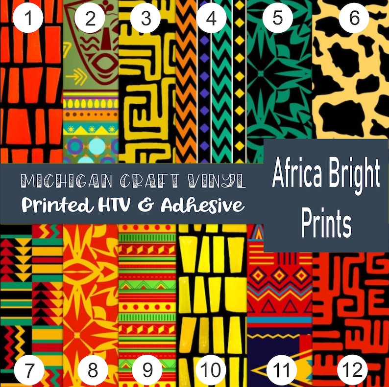 May include: A collection of twelve vibrant vinyl prints with African-inspired patterns. The designs feature bold colors and geometric shapes, with the text "Michigan Craft Vinyl" and "Africa Bright Prints".