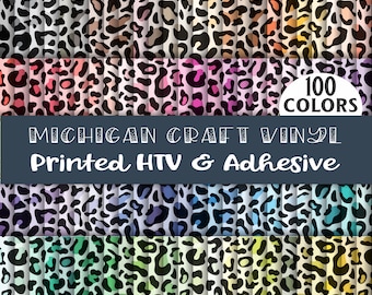 May include: A collection of 100 colors of leopard print craft vinyl. The vinyl is printed with a heat transfer vinyl (HTV) and adhesive backing.  MICHIGAN CRAFT VINYL Printed HTV & Adhesive.