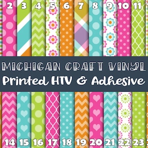 May include: A set of 24 different patterned craft vinyl sheets. The sheets are numbered 1 through 24. The patterns include stripes, polka dots, chevron, flowers, and plaid. The text "MICHIGAN CRAFT VINYL Printed HTV & Adhesive" is printed on a black background.