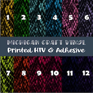May include: A selection of twelve vinyl sheets with a snake skin pattern in various colors, including yellow, green, blue, pink, and purple. The text "MICHIGAN CRAFT VINYL" and "Printed HTV & Adhesive" are displayed on a dark blue banner.