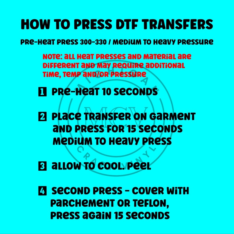 K&ouml;nnte beinhalten: Eine t&uuml;rkisfarbene Grafik mit Anweisungen zum Aufpressen von DTF-Transfers. Der Text enth&auml;lt Vorheizen, Pressen, Abk&uuml;hlen und einen zweiten Pressvorgang. Die Anweisungen sind in schwarzer und roter Schrift.