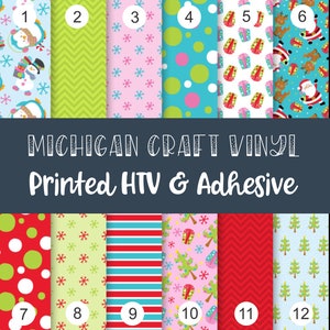 May include: Twelve different Christmas themed patterns for craft vinyl. The patterns include penguins, snowflakes, presents, Santa Claus, trees, and polka dots. The patterns are numbered 1 through 12.