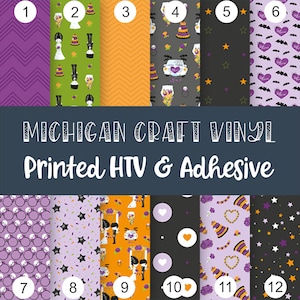 May include: Twelve different patterned sheets of printable heat transfer vinyl (HTV) for crafting. The patterns include a variety of Halloween themes, such as ghosts, bats, pumpkins, and stars. The text "MICHIGAN CRAFT VINYL Printed HTV & Adhesive" is displayed at the top of the image.
