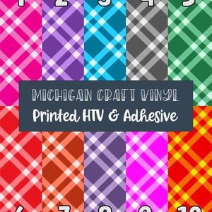 May include: Ten different patterned vinyl sheets with numbers 1 through 10 printed on each sheet. The text "MICHIGAN CRAFT VINYL Printed HTV & Adhesive" is printed on a dark blue banner.