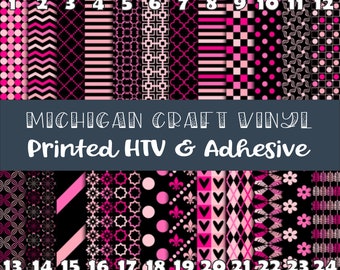 May include: A sheet of 24 different pink and black patterned craft vinyl. The vinyl is numbered 1 through 24. The text "MICHIGAN CRAFT VINYL Printed HTV & Adhesive" is at the top of the sheet.