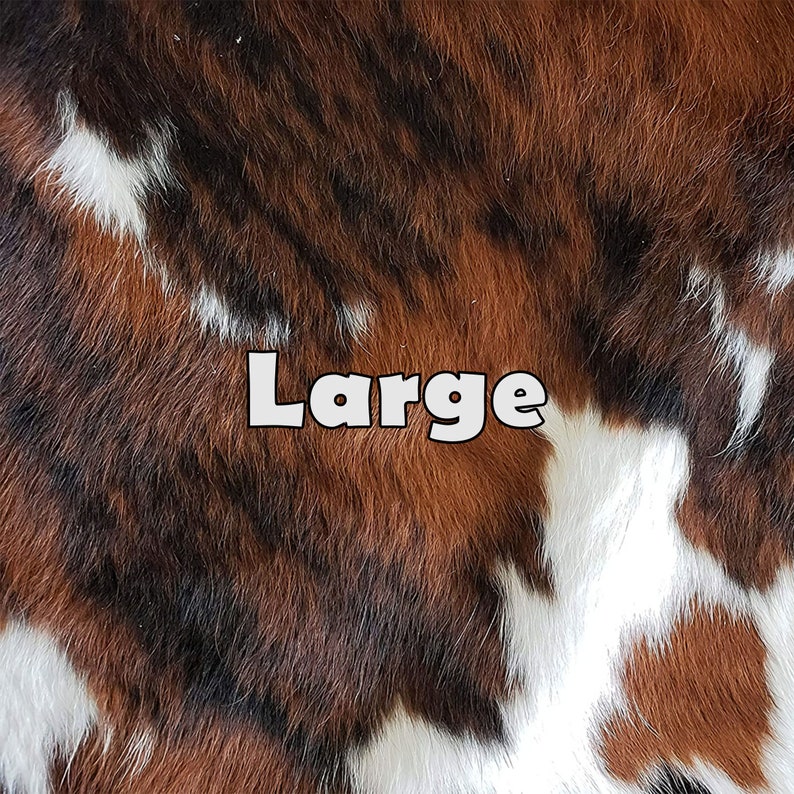 May include: Close-up of a brown, black, and white cowhide rug with the word "Large" printed on it.