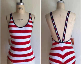 Vintage 1970s Red & White Striped Swimsuit | XS