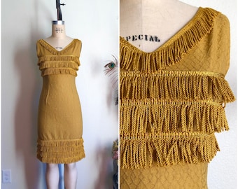 Flirty 1960's Gold Fringe Tapestry Dress | S