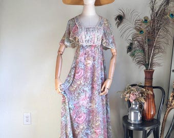 1970s Romantic Bohemian Vintage Prairie Dress w/ Angel Sleeve Capelet Floral Cotton Voile Ruffle Hem and Lace Bodice