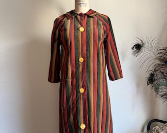 Early 1950s Vintage Hand-Made Autumnal Striped Corduroy Dress / Jacket with Lucite Buttons | M-L
