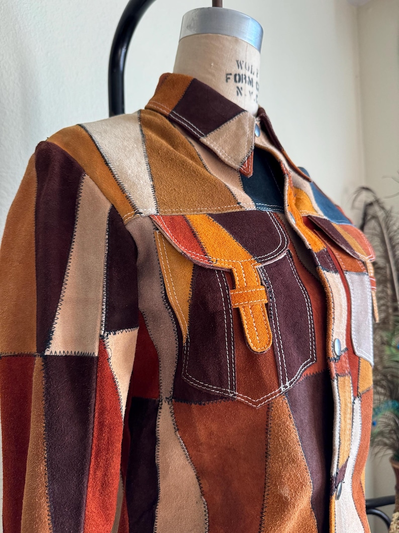 Rare 1970s Vintage Suede Leather Patchwork Jacket | S imagem 5