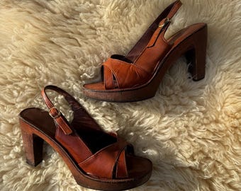 Vintage 1970s Leather Wood Block Platform Heels by Bare Traps | size 7.5-8