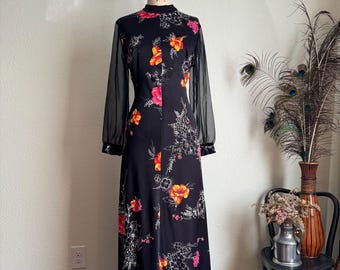 Vintage 1970s Dark Romance Black Floral Maxi Dress | L