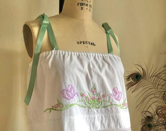 Lovey Dovies Handmade Heirloom Pillowcase Top w/ Hand Embroidered Flowers & Crochet | S/M