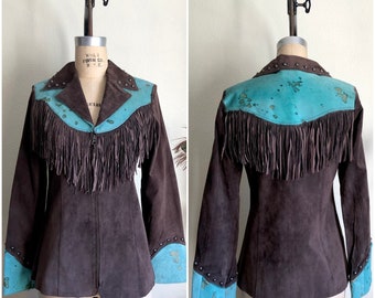 Vintage Suede Fringe Jacket w/ Teal Cowhide Yoke & Studding by Roper | S-M