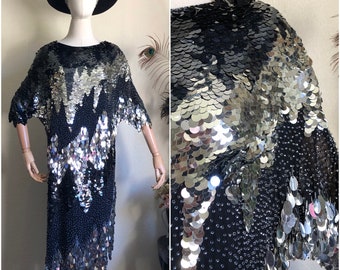 Oleg Cassini 80s Shimmy Sequin Party Dress w/ Batwing sleeves on Silk | Fits Many