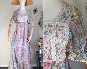 1970s Romantic Bohemian Vintage Prairie Dress w/ Angel Sleeve Capelet Floral Cotton Voile Ruffle Hem and Lace Bodice