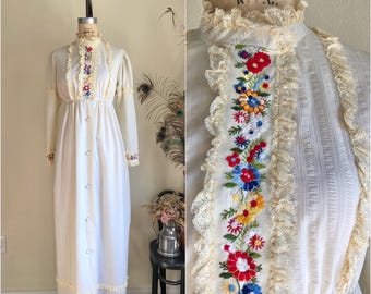 1970s Mr Jac Vintage Floral Embroidered Victorian Style Cream Cotton Renaissance Prairie Dress with Lace Trim