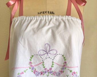 Lovey Dovies Handmade Heirloom Pillowcase Top w/ Hand Embroidered Flowers | S/M