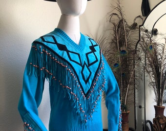 Vintage 1970s Miller Western Suede Fringe Knit Sweater | S-M