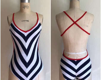 Vintage 1970s Blue & White Striped Swimsuit | XS-S