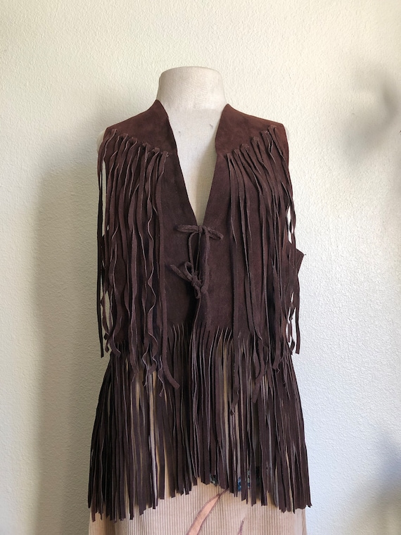 1970s Brown Leather Fringe Vest - image 1