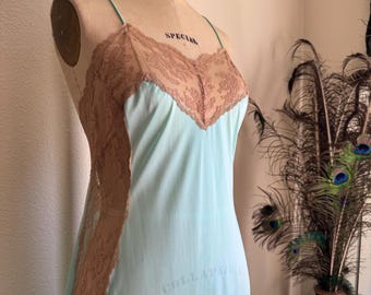 Vintage Lace Aqua Nightgown Slip Dress w/ Low Back | Small-Medium