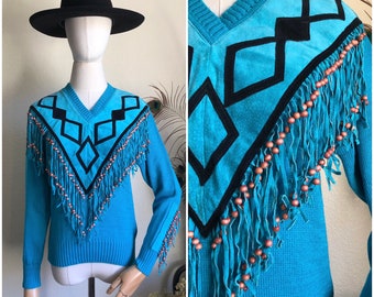 70s Miller Western Suede & Fringe Knit Sweater | S-M