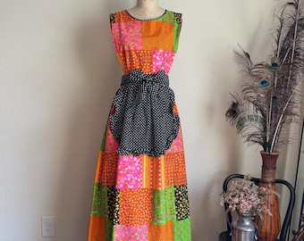 Vintage 1970s Patchwork Pinafore Wrap Dress | S-M-L