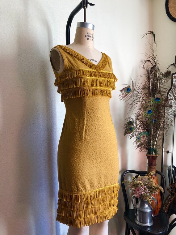 1960s Gold Fringe Tapestry Dress | S 1960s Gold Fringe Tapestry Dress | S