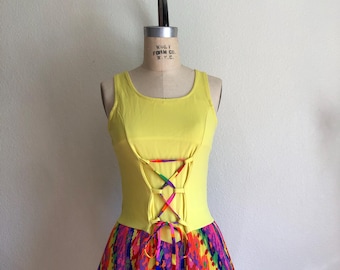 Vintage 1960s Mod Psychedelic Yellow Swimsuit w/ Pleated Skirt and Lace-Up Bodice | S-M
