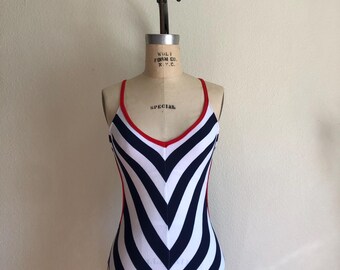 Vintage 1970s does 1950s Barbie Blue & White Striped Swimsuit | XS-S