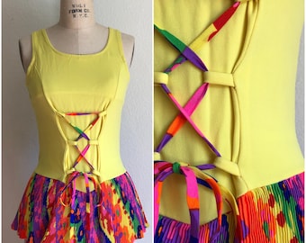 Vintage 1960s Psychedelic Yellow Swimsuit w/ Pleated Skirt + Lace-Up Bodice | S-M