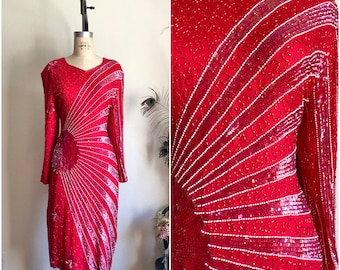 1980s Hand-Beaded Pure Silk Red Sunburst Party Dress | L