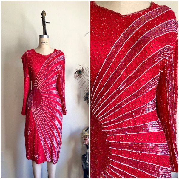 1980s Hand-Beaded Pure Silk Red Sunburst Party Dress | L