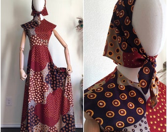 1970s Abstract Maxi Dress w/ Headscarf | S