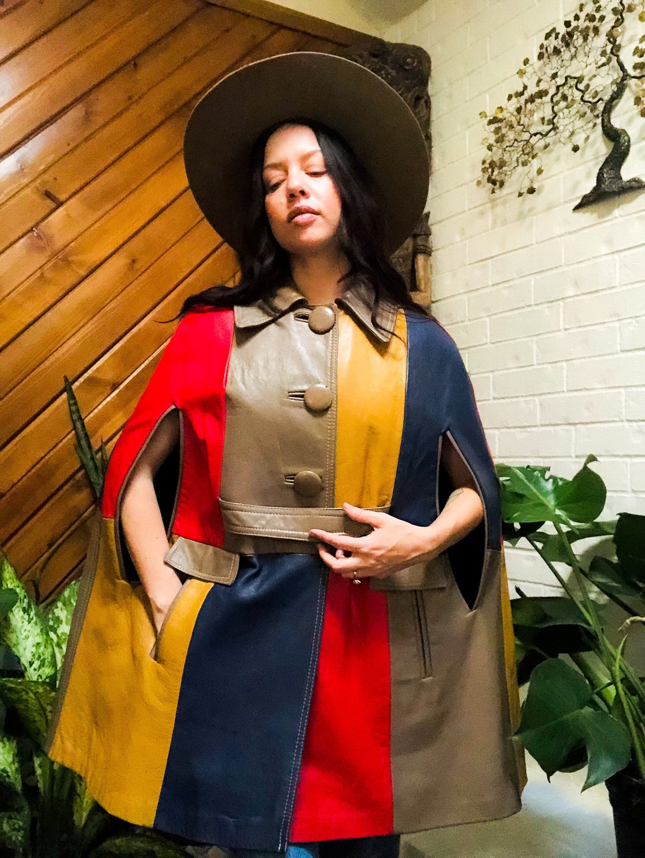 Rare 60s Leather Mod Colorblock Patchwork Poncho Cape | S-M Rare 60s Leather Mod Colorblock Patchwork Poncho Cape | S-M