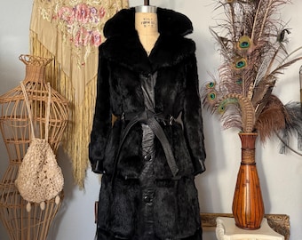 Rare 1960s Black Rabbit Fur & Leather Trench Coat | S-M