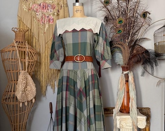 1980s Plaid Drop Waist Dress & Puff Sleeves by Tobael | S/M