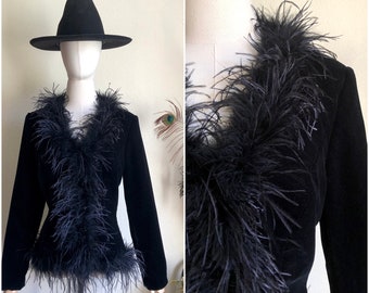 Cachet Noir Velvet Jacket w/ Feather Trim | S-M