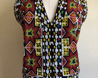 Vintage Designer Hand Beaded Silk Vest w/ Fringe * Southwestern Vest* | M
