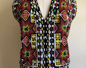 Vintage Designer Hand Beaded on Silk Vest w/ Fringe | M