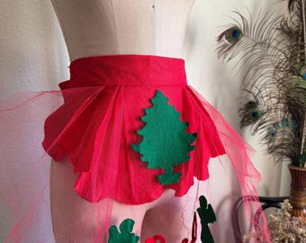Vintage 1950s Red Christmas Tree Tulle Apron