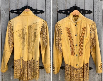 Leather Fringe Studded Jacket w/ Desert Cactus Pyrography Artwork | Small