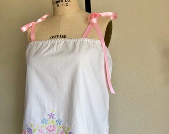 Lovey Dovies Handmade Heirloom Pillowcase Top w/ Hand Embroidered Flowers & Crochet | M/L