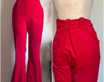 60s/70s Fancy Western Yoke Red Velvet Ranch Pants from Lasso | 26” waist