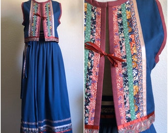 1970s Floral Prairie Folk Vest & Skirt Set | S